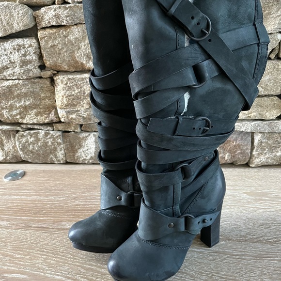 ALLSAINTS “Antigone” Dark Grey Nubuck Suede, Shearling Lined Knee High Boots - Picture 5 of 8